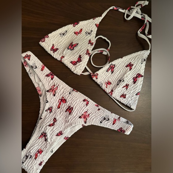 Women's Swimwear Butterfly Print Halter Pleated Wrinkled Bikini Two-pieces Set - Picture 4 of 4